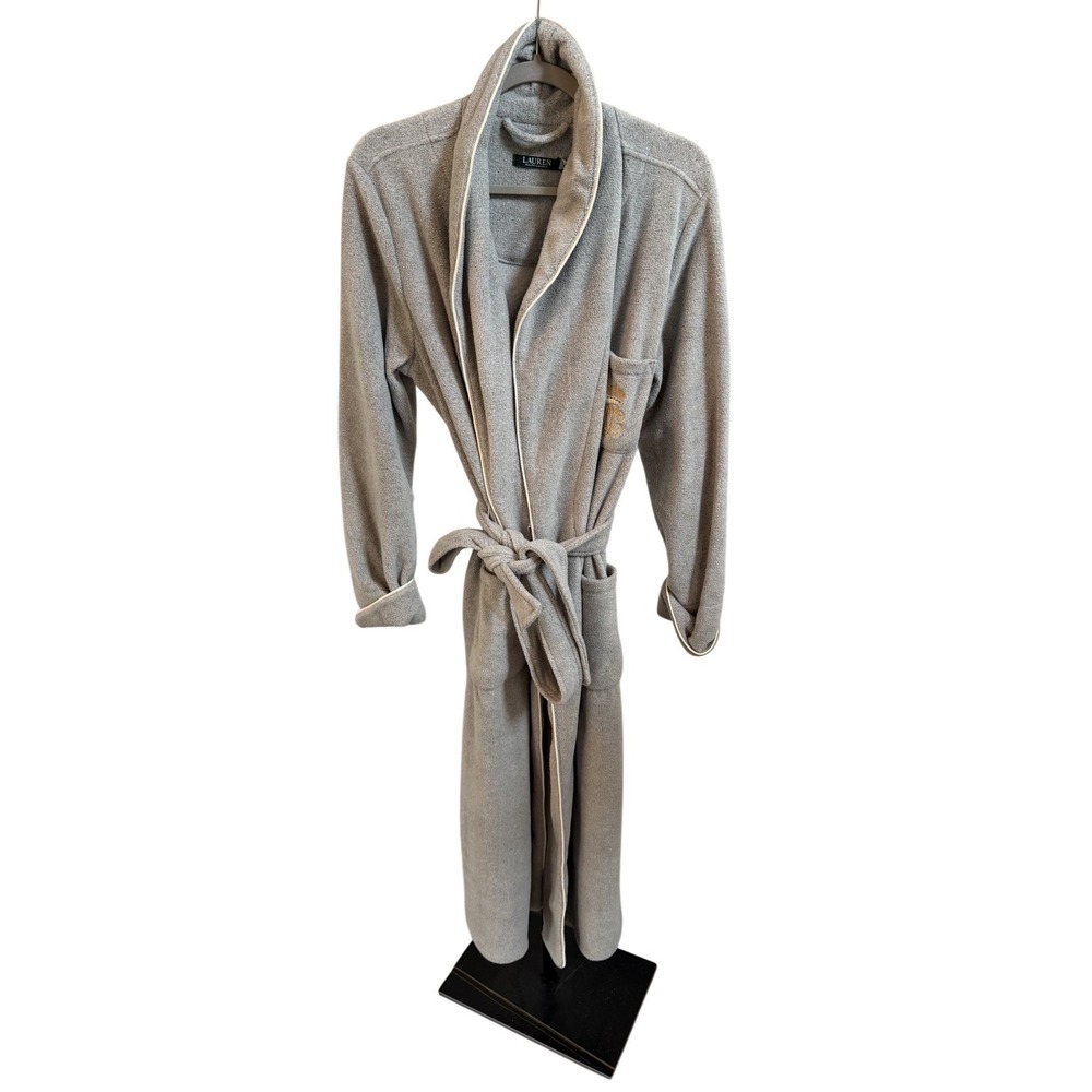 Lauren Ralph Lauren Robe Womens L Gray Fleece Kimono Belted RL Monogram LN51648